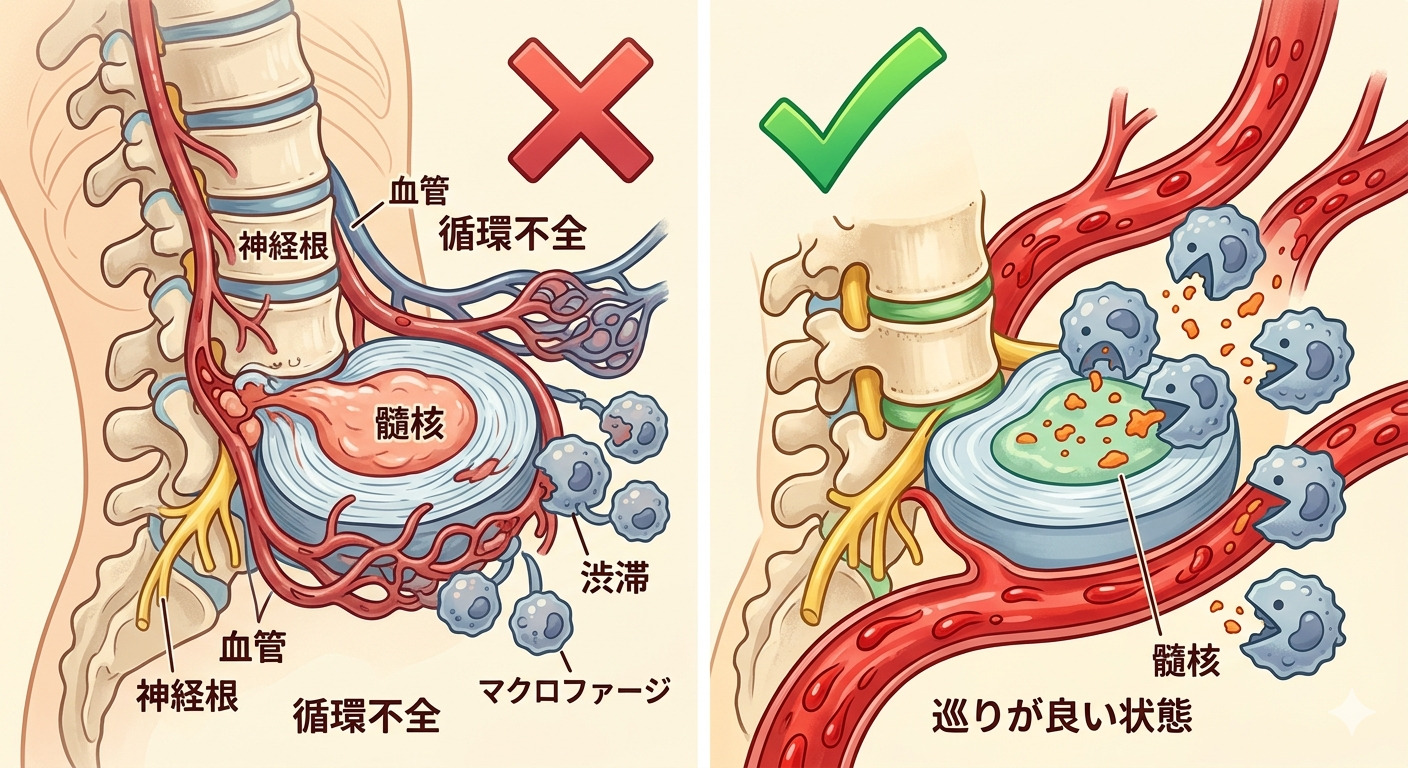 椎間板ヘルニア(循環不全の髄核と巡りが良い状態の髄核)